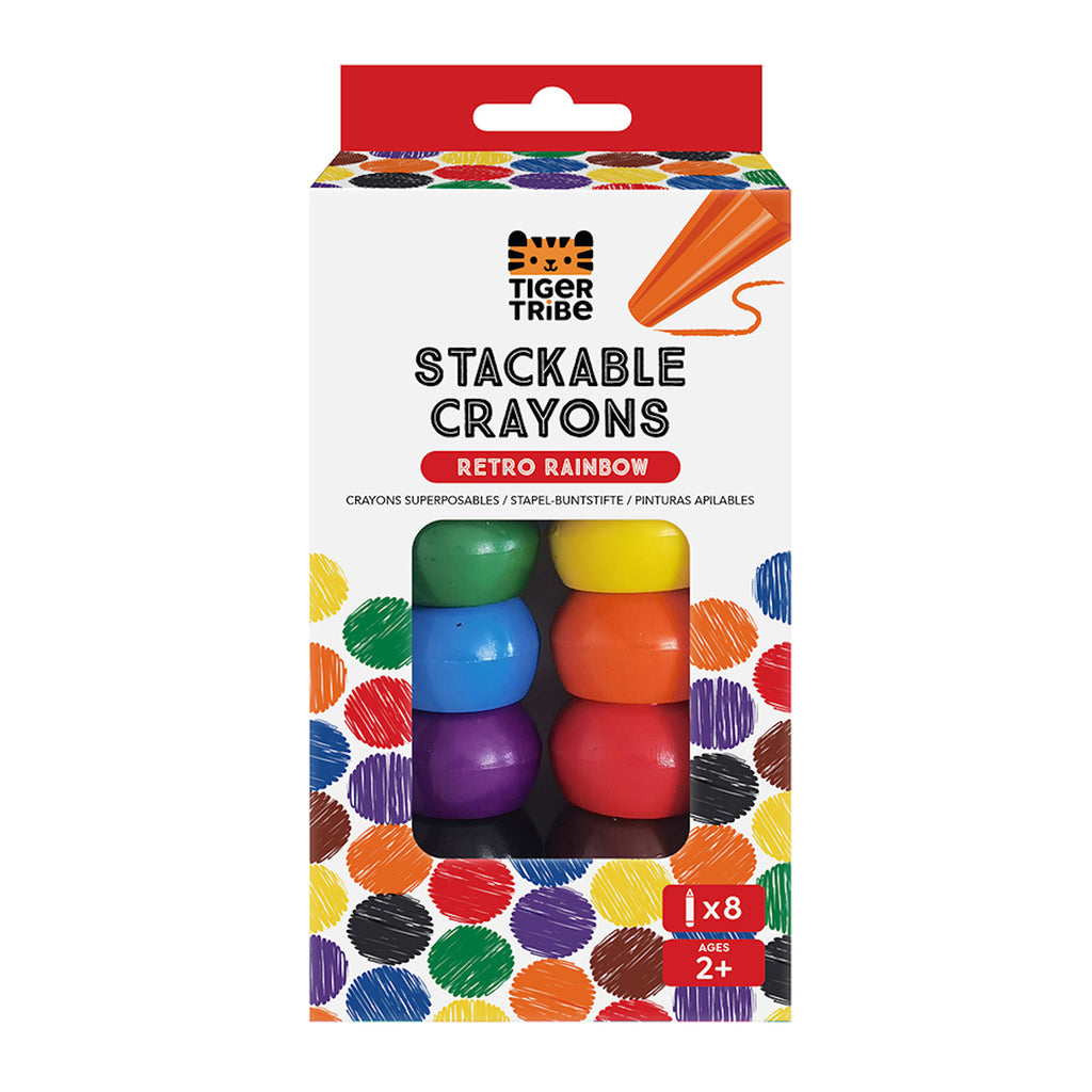 Packaging of stackable crayons with colorful dots on a white background. Includes eight vibrant colors and is suitable for ages 2 and up.
