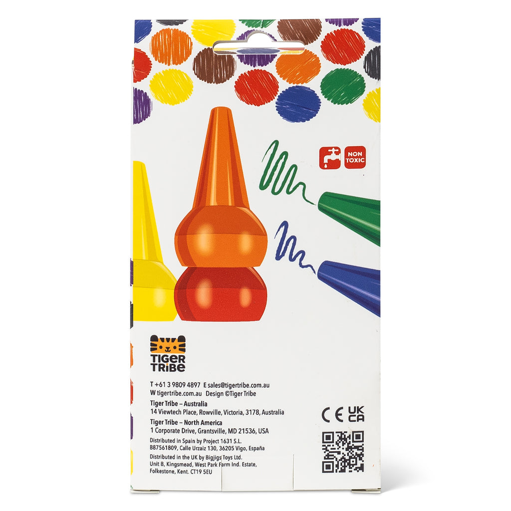 Packaging of non-toxic crayons featuring vibrant colors and playful spiral lines. The brand logo and contact information are printed below. A cheerful, artistic vibe is conveyed.