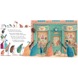 Illustration of well-dressed insects in gowns and top hats lining up outside a whimsical bakery storefront with cakes.