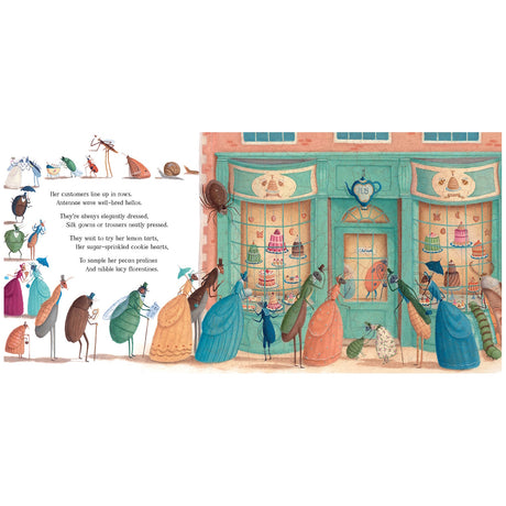 Illustration of well-dressed insects in gowns and top hats lining up outside a whimsical bakery storefront with cakes.