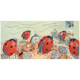 Whimsical illustration of ladybug bakers busy in a kitchen with pastries and rolling pins in a cracked-paint art style.