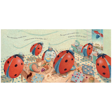 Whimsical illustration of ladybug bakers busy in a kitchen with pastries and rolling pins in a cracked-paint art style.