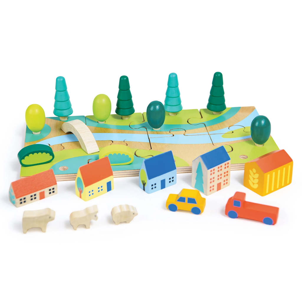 A vibrant, fun jigsaw puzzle featuring a bustling town scene, designed to enhance problem-solving skills and encourage imaginative play for young children.