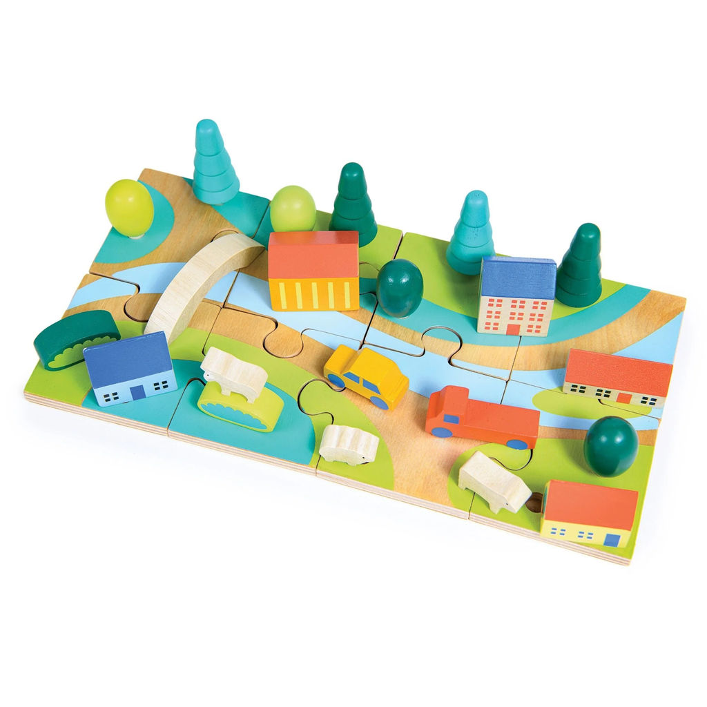 A vibrant, fun jigsaw puzzle featuring a bustling town scene, designed to enhance problem-solving skills and encourage imaginative play for young children.