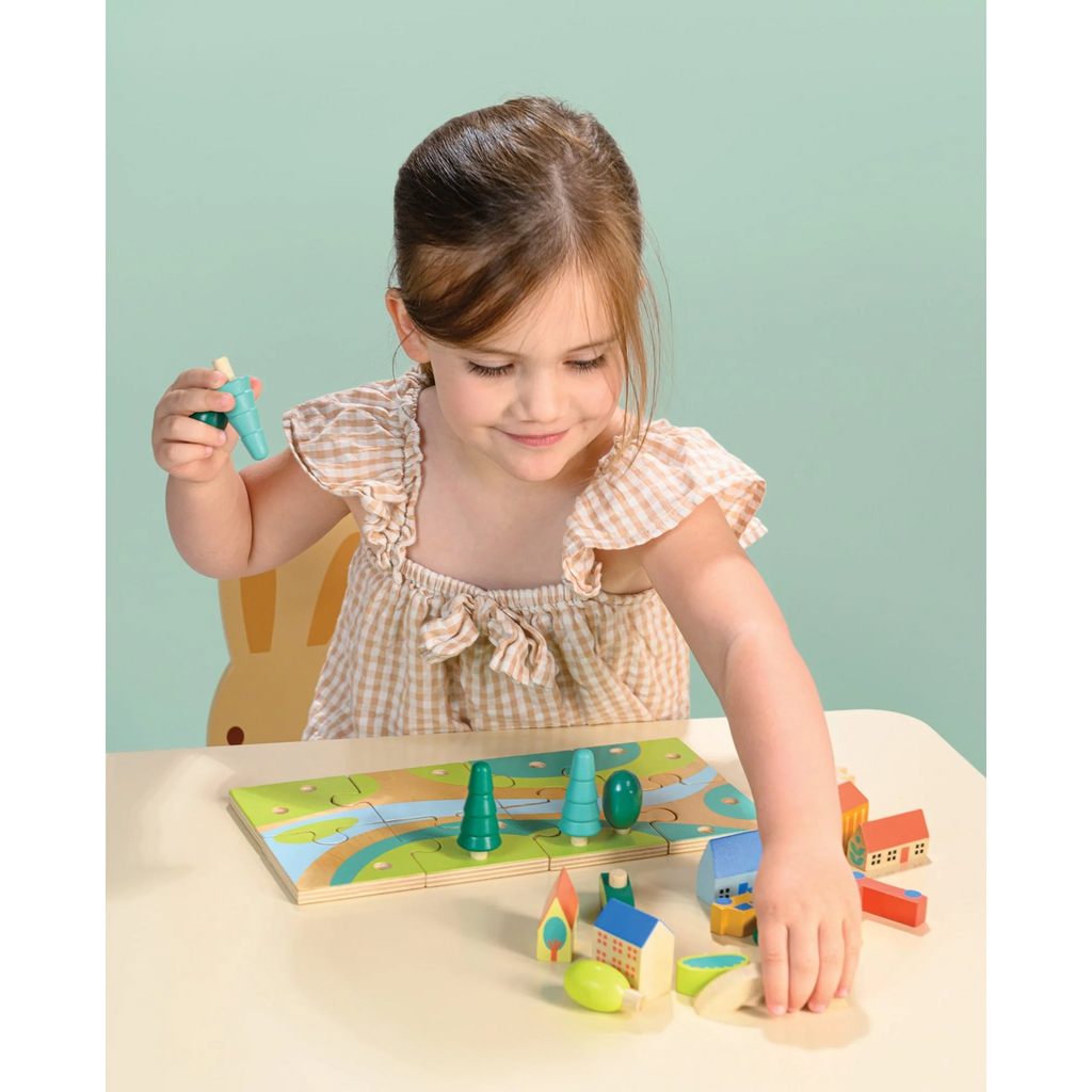 A vibrant, fun jigsaw puzzle featuring a bustling town scene, designed to enhance problem-solving skills and encourage imaginative play for young children.
