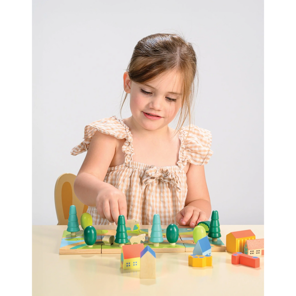 A vibrant, fun jigsaw puzzle featuring a bustling town scene, designed to enhance problem-solving skills and encourage imaginative play for young children.