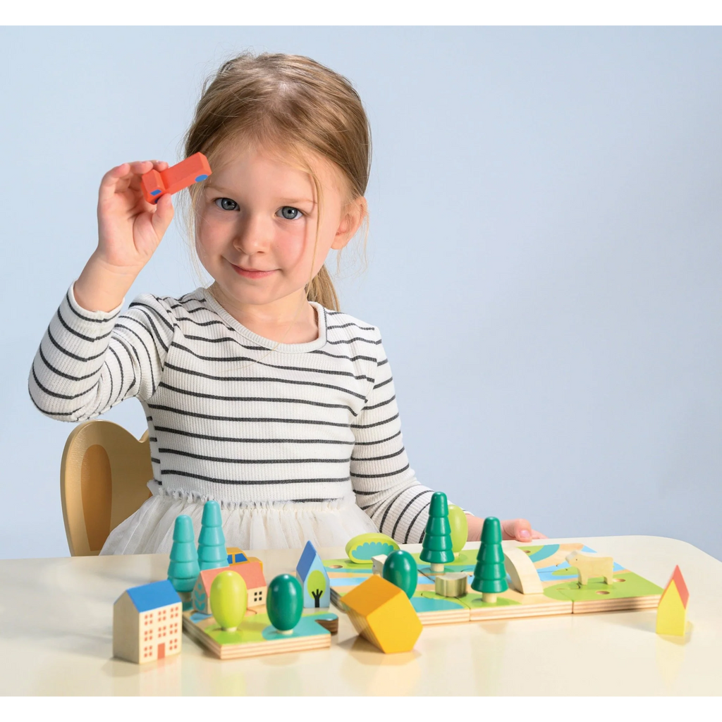 A vibrant, fun jigsaw puzzle featuring a bustling town scene, designed to enhance problem-solving skills and encourage imaginative play for young children.