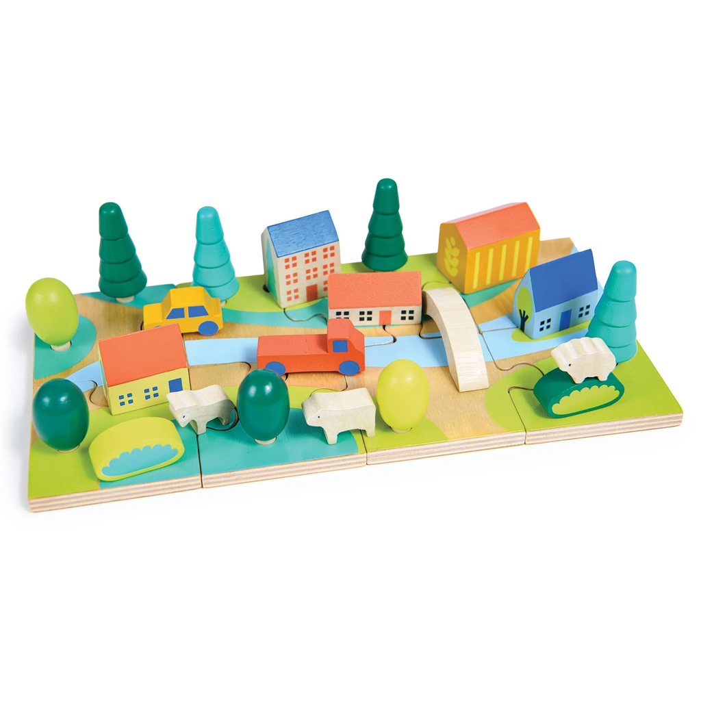 A vibrant, fun jigsaw puzzle featuring a bustling town scene, designed to enhance problem-solving skills and encourage imaginative play for young children.