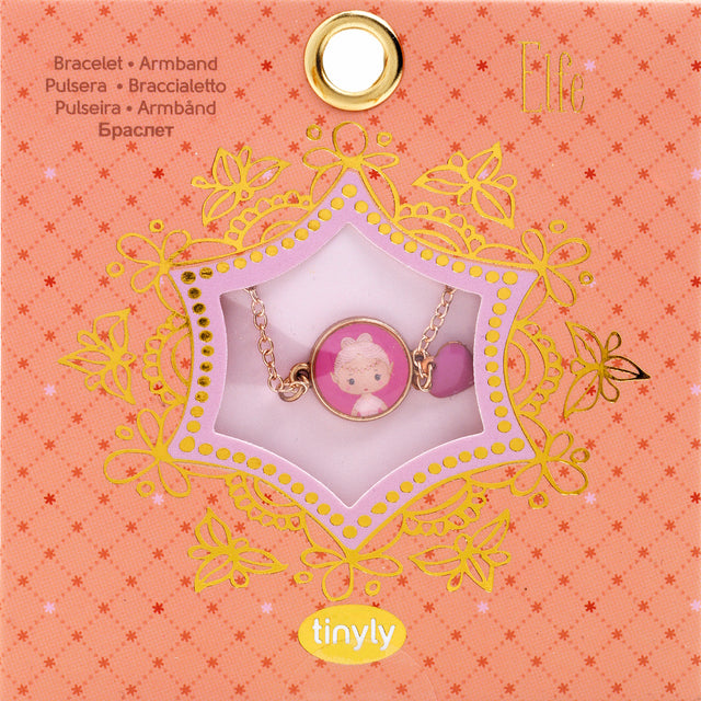 A charming children's bracelet from Djeco's Tinyly collection featuring a delicate gold-colored chain adorned with a small figurine charm of Elfe, a whimsical character with wings.