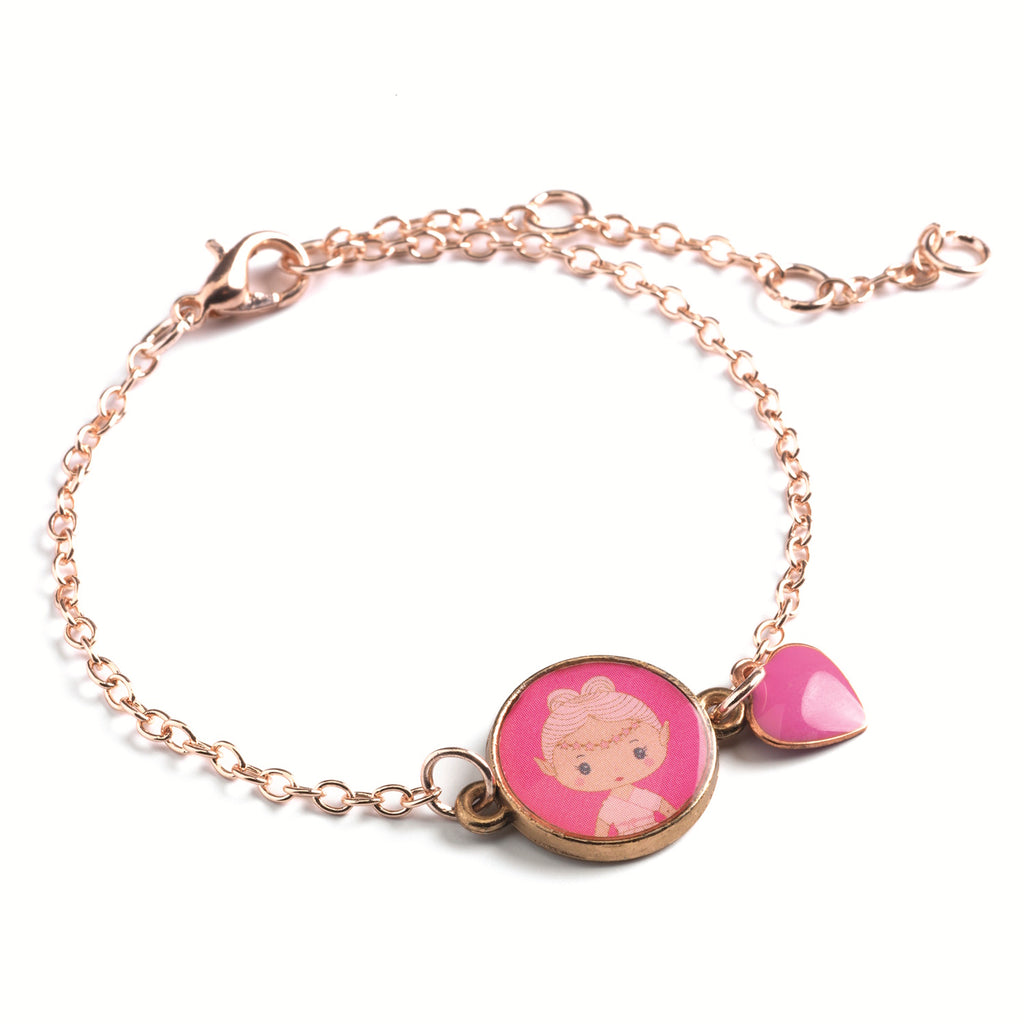 A charming children's bracelet from Djeco's Tinyly collection featuring a delicate gold-colored chain adorned with a small figurine charm of Elfe, a whimsical character with wings.