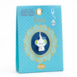 A cute, stylized koala charm with colorful ears, a smiling face, and a small red drop on its chest, hanging from a white string.