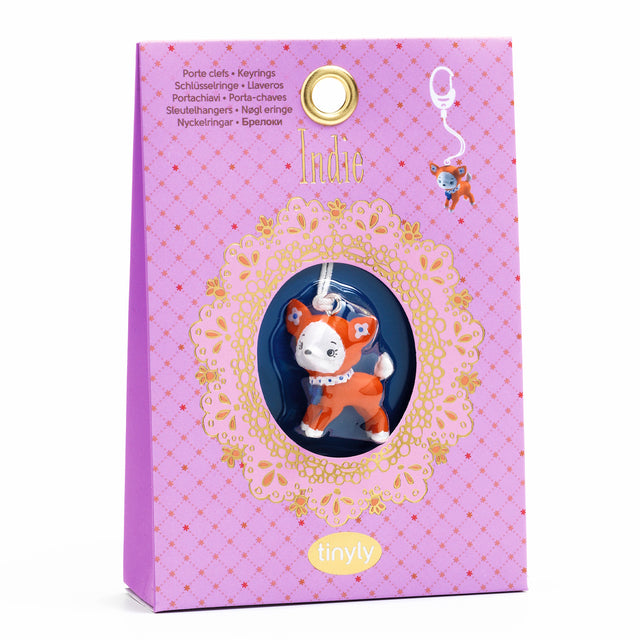 A keyring from Djeco's Tinyly collection featuring a finely sculpted figurine of Indie, a character depicted as a fox.