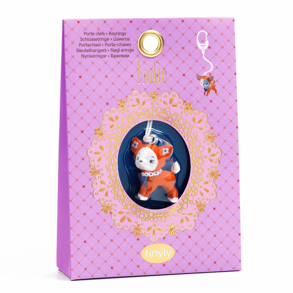 A keyring from Djeco's Tinyly collection featuring a finely sculpted figurine of Indie, a character depicted as a fox.