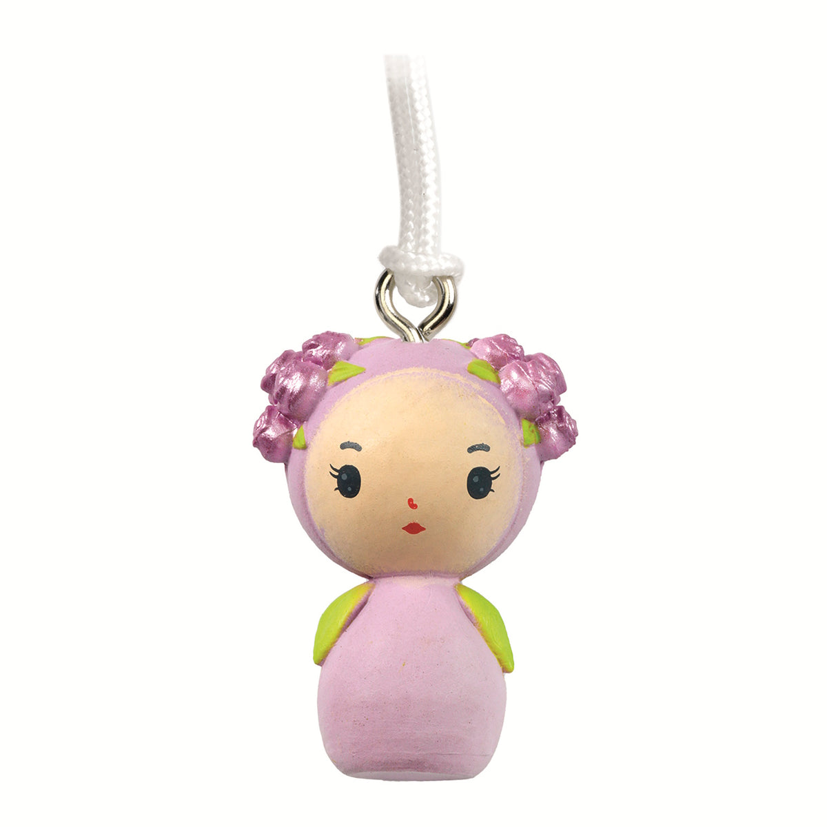 A white metal key ring featuring a finely sculpted pendant of Rosie, a character from Djeco's Tinyly collection.
