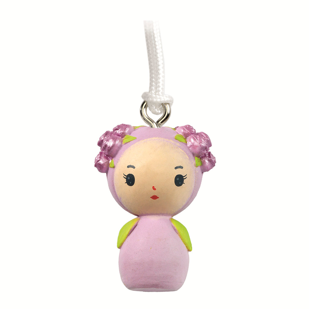 A white metal key ring featuring a finely sculpted pendant of Rosie, a character from Djeco's Tinyly collection.