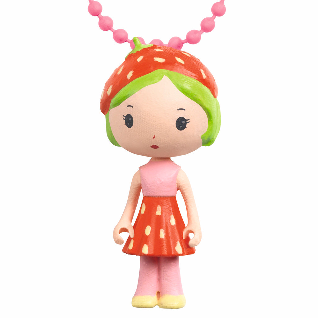 A pink metal chain necklace featuring a finely sculpted figurine of Berry, a character from Djeco's Tinyly collection.