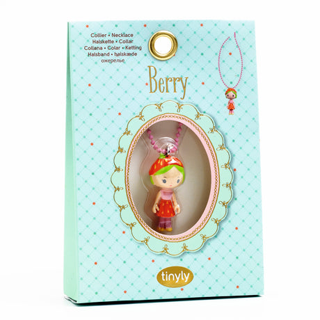 A pink metal chain necklace featuring a finely sculpted figurine of Berry, a character from Djeco's Tinyly collection.