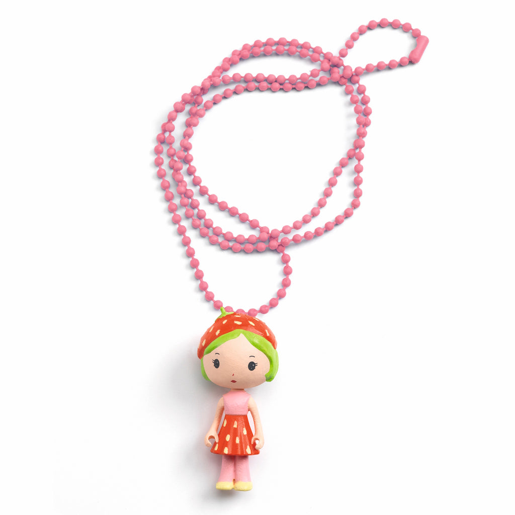 A pink metal chain necklace featuring a finely sculpted figurine of Berry, a character from Djeco's Tinyly collection.