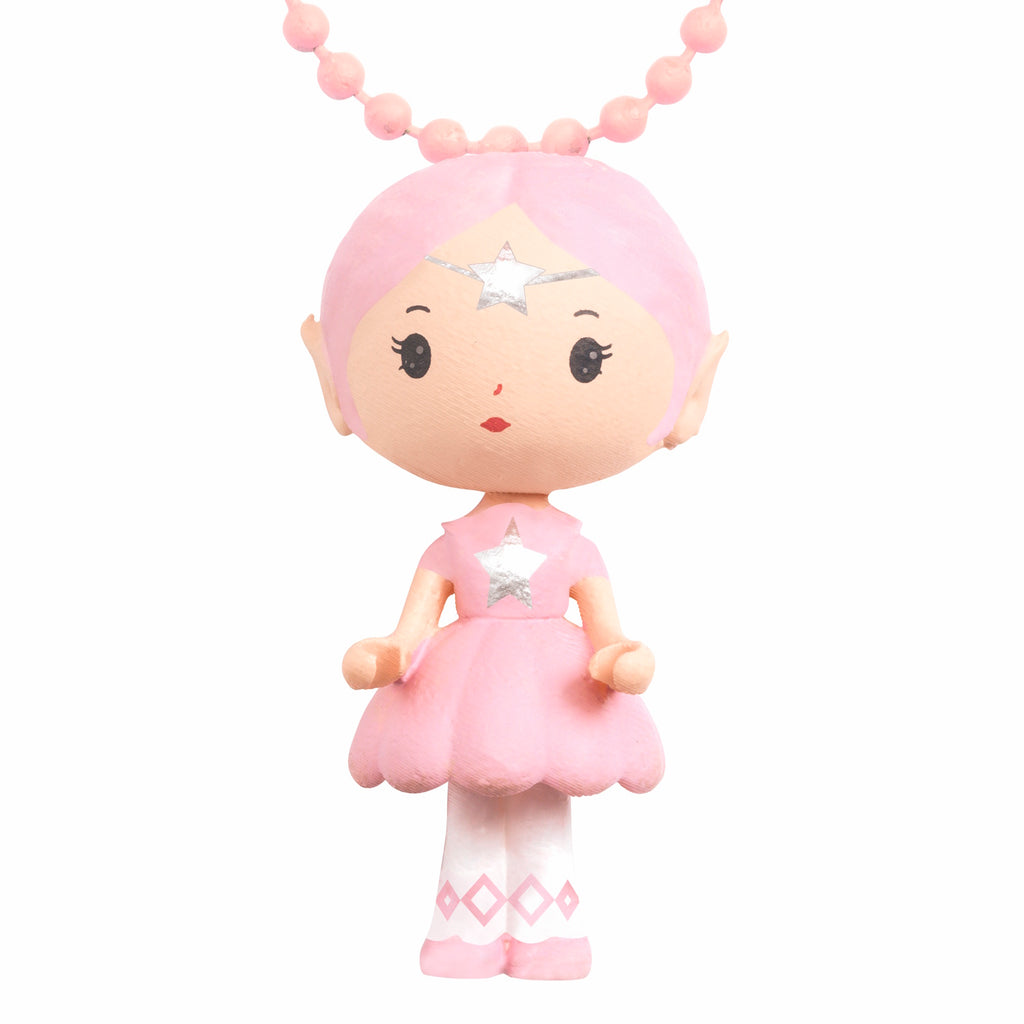 A colorful necklace featuring a finely sculpted figurine of Elfe, a character from Djeco's Tinyly collection.