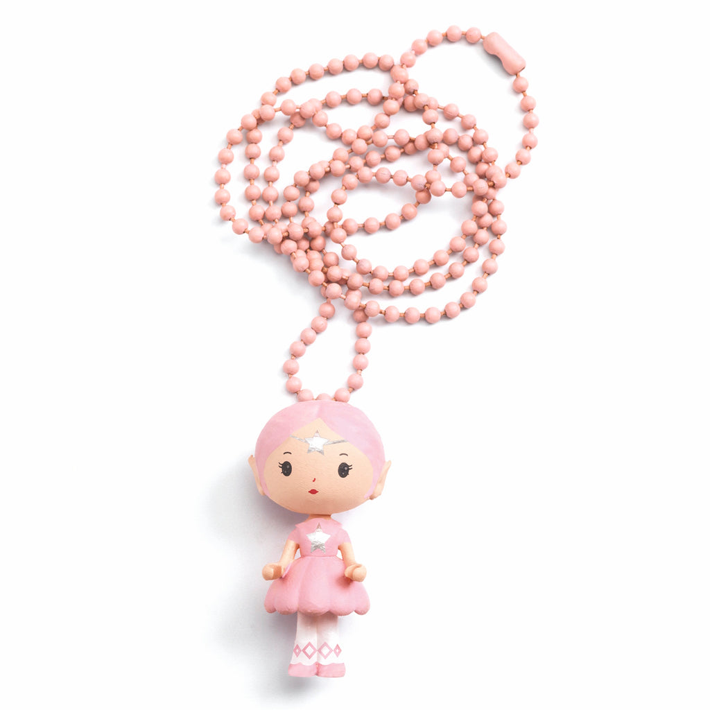 A colorful necklace featuring a finely sculpted figurine of Elfe, a character from Djeco's Tinyly collection.