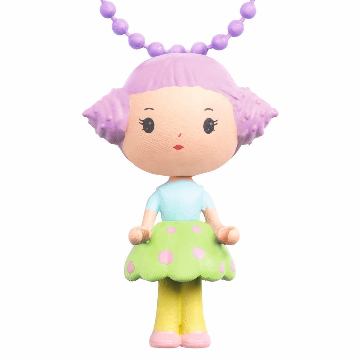 A colorful necklace featuring a finely sculpted figurine of Tutti, a character from Djeco's Tinyly collection.
