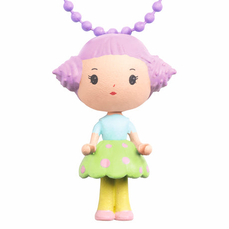 A colorful necklace featuring a finely sculpted figurine of Tutti, a character from Djeco's Tinyly collection.