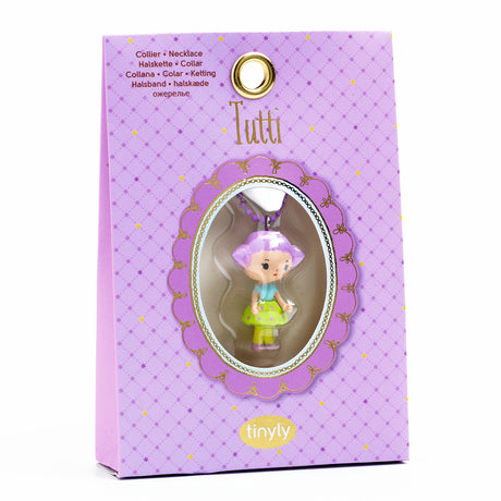A colorful necklace featuring a finely sculpted figurine of Tutti, a character from Djeco's Tinyly collection.