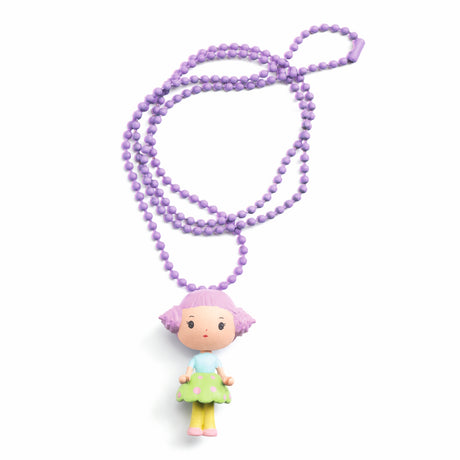 A colorful necklace featuring a finely sculpted figurine of Tutti, a character from Djeco's Tinyly collection.