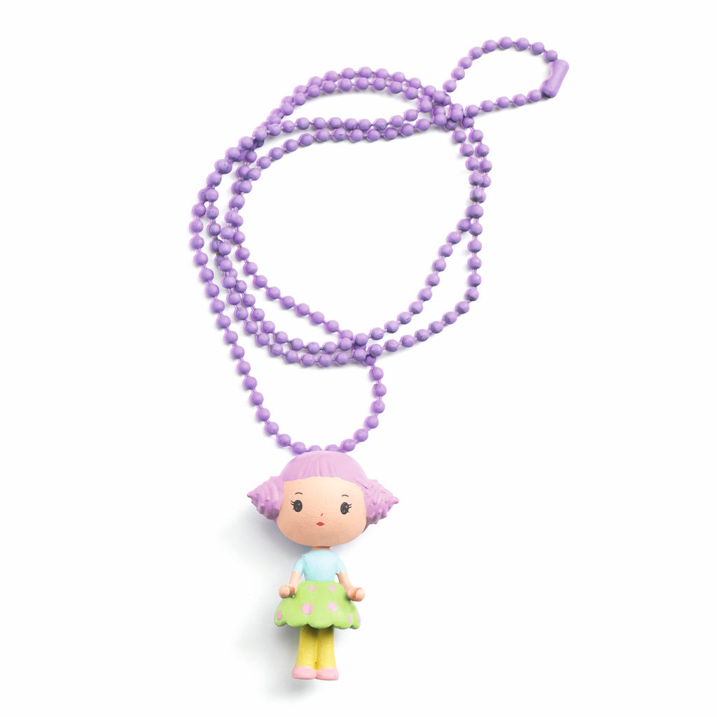 A colorful necklace featuring a finely sculpted figurine of Tutti, a character from Djeco's Tinyly collection.