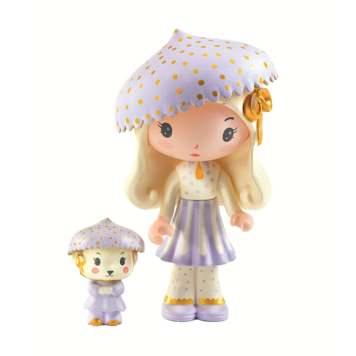 A whimsical green toy car adorned with pastel flowers, featuring two dolls, one wearing a polka-dot hat and the other a matching one.