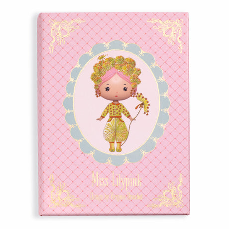 The set includes a cardboard booklet with a central illustration of Miss Lilypink and four sheets of reusable vinyl stickers, allowing children to dress and accessorize her in various outfits.