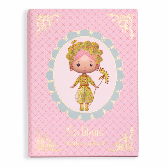 The set includes a cardboard booklet with a central illustration of Miss Lilypink and four sheets of reusable vinyl stickers, allowing children to dress and accessorize her in various outfits.