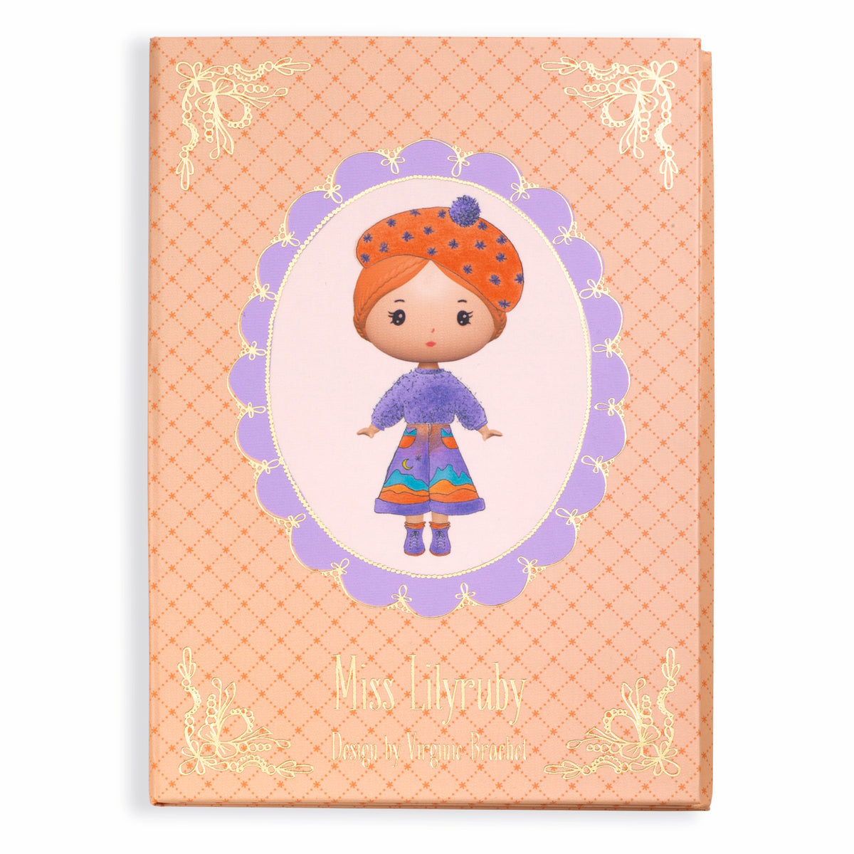 The set includes a fold-out booklet with a central illustration of Miss Lilyruby and four sheets of reusable vinyl stickers, allowing children to dress and accessorize her in various outfits.