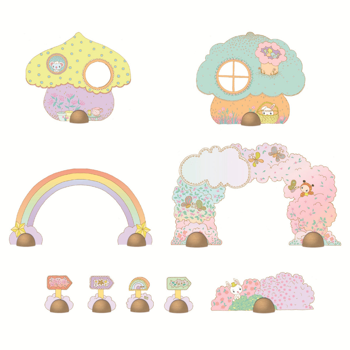 A colorful mushroom-shaped house with a doll peeking out, surrounded by a whimsical, illustrated landscape and a green toy deer. 