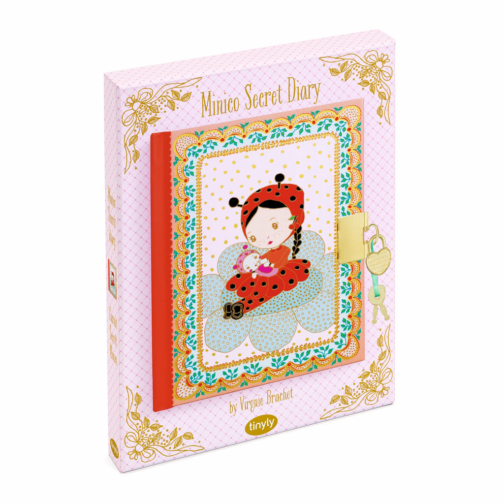 A notebook titled "Minico Secret Diary" by Djeco's Tinyly collection, featuring a shimmering cover adorned with gold accents and includes a heart-shaped lock with two keys to securely keep your secrets safe.