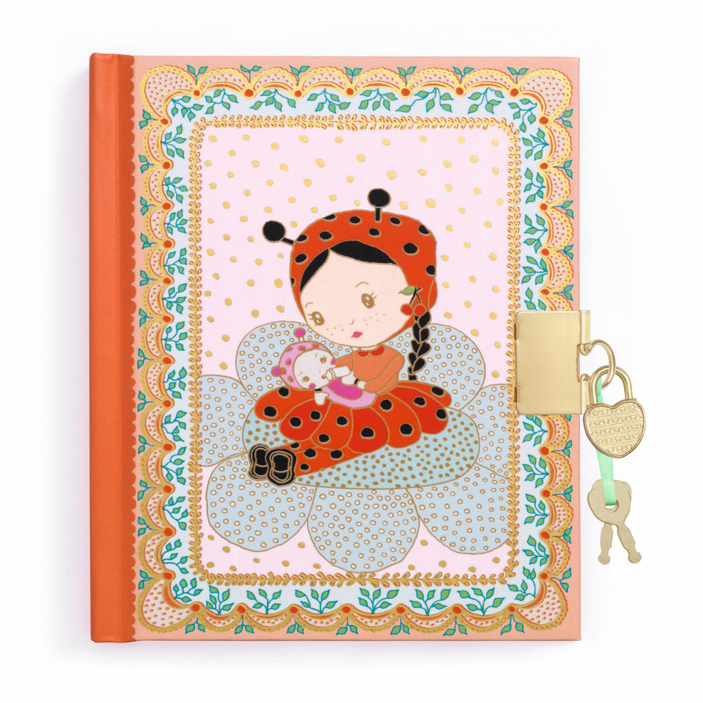 A notebook titled "Minico Secret Diary" by Djeco's Tinyly collection, featuring a shimmering cover adorned with gold accents and includes a heart-shaped lock with two keys to securely keep your secrets safe.