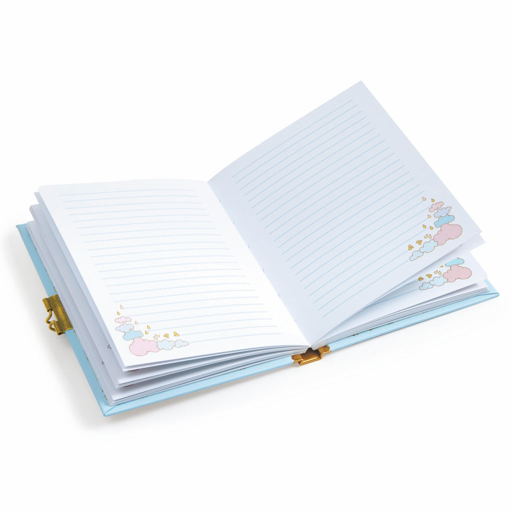 A notebook titled "Prunelle Secret Diary" by Djeco's Tinyly collection, featuring a shimmering cover adorned with gold accents and an illustration of Prunelle, that includes a heart-shaped lock with two keys to securely keep your secrets safe.