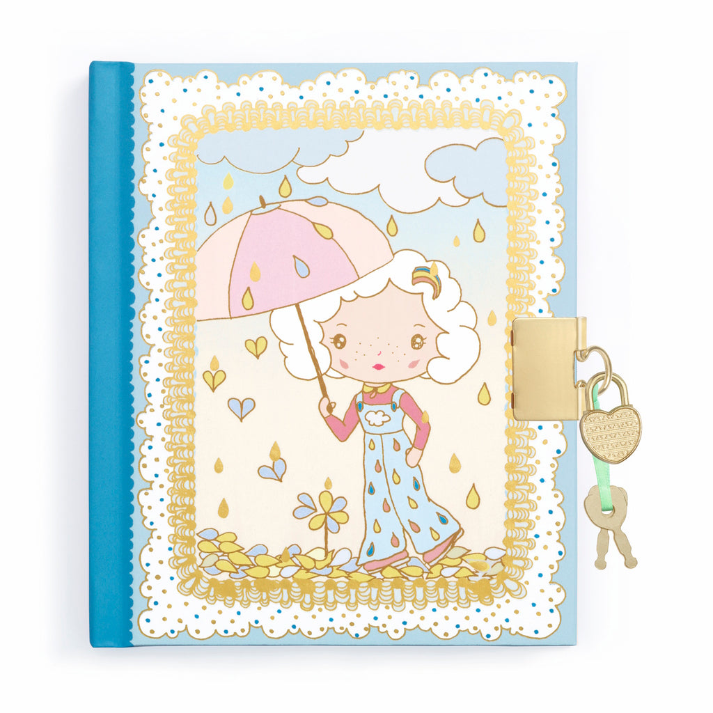 A notebook titled "Prunelle Secret Diary" by Djeco's Tinyly collection, featuring a shimmering cover adorned with gold accents and an illustration of Prunelle, that includes a heart-shaped lock with two keys to securely keep your secrets safe.