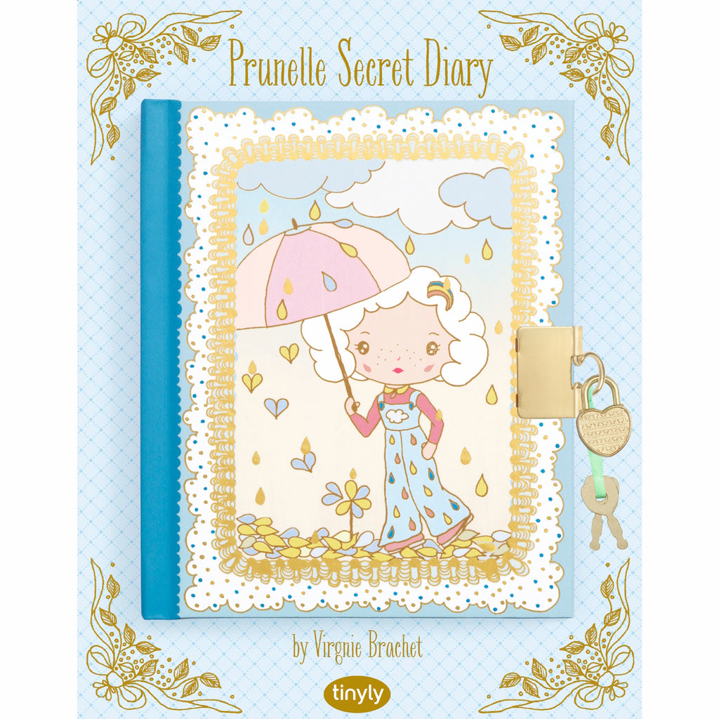 A notebook titled "Prunelle Secret Diary" by Djeco's Tinyly collection, featuring a shimmering cover adorned with gold accents and an illustration of Prunelle, that includes a heart-shaped lock with two keys to securely keep your secrets safe.
