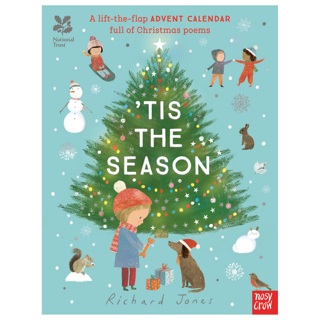 Front view of the teal paper 'Tis the Season lift-the-flap Advent calendar book cover featuring a large Christmas tree.