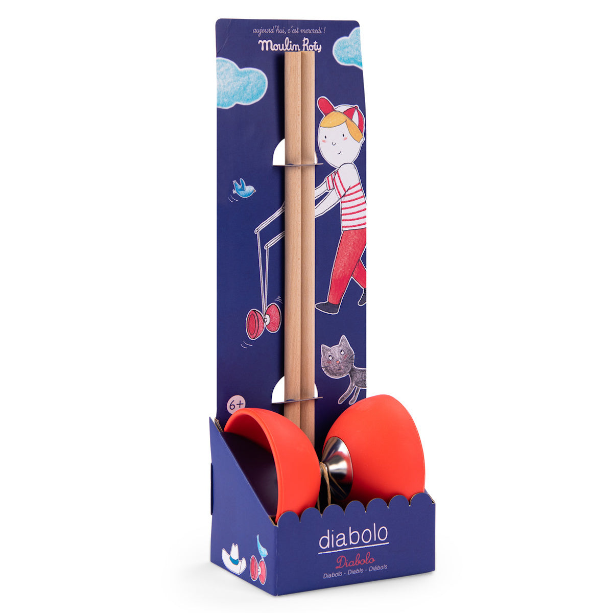 Toy diablo set in a blue package with playful illustrations of a child, cat, and bird. Text reads "Moulin Roty". Suitable for ages 6 and up.