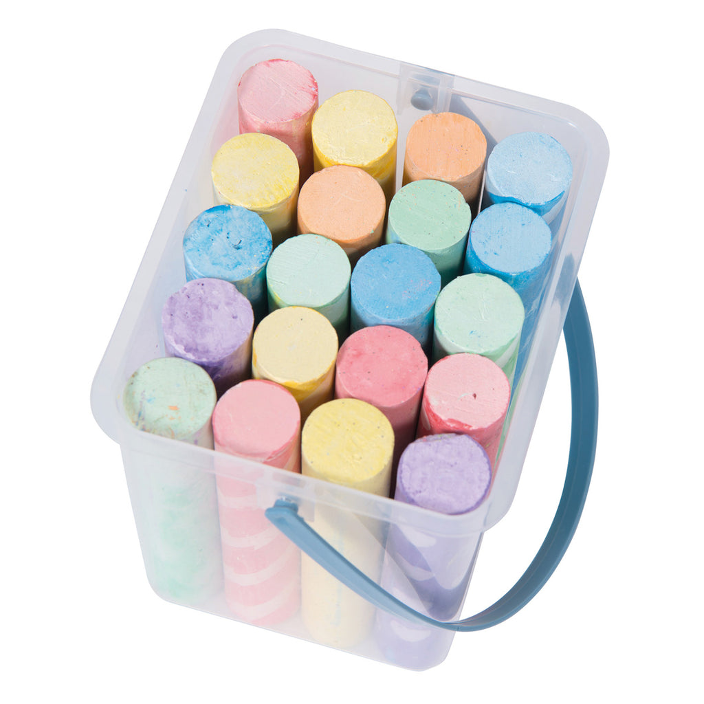 A clear plastic container holds colorful cylindrical chalk sticks in pastel shades. The vibrant, cheerful collection suggests creativity and play.