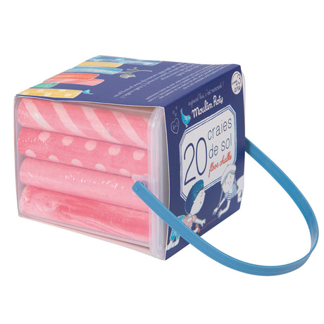Moulin Roty Today is Wednesday set of 20 pink patterned floor chalks in navy blue carry box for kids ages 3 plus.