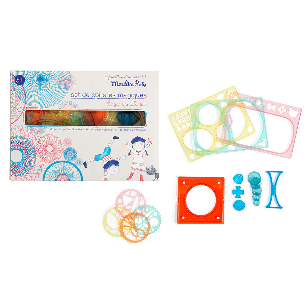 Spiral drawing kit with colorful gears and stencils next to a charming illustrated box. Playful and creative design for children aged 5 and up.