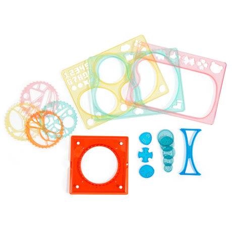 Colorful spirograph set with assorted gears, templates, and stencils in red, blue, and yellow, for creative drawing and design activities.