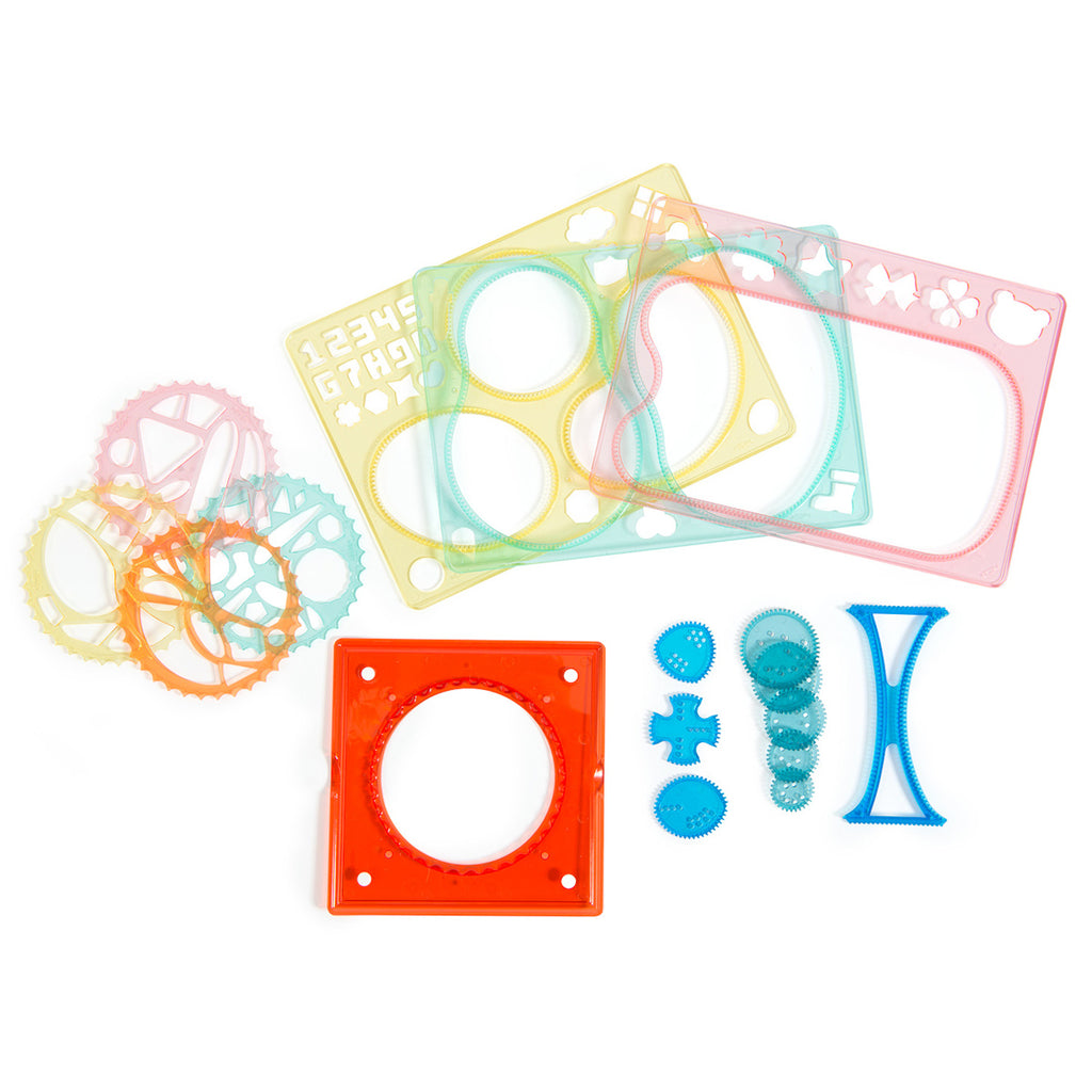 Colorful spirograph set with assorted gears, templates, and stencils in red, blue, and yellow, for creative drawing and design activities.