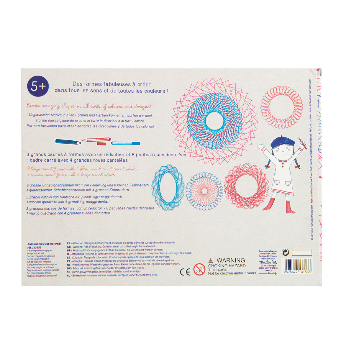 Moulin Roty Today is Wednesday magic spiral set back of packaging showing spiral design examples for ages 5 plus.