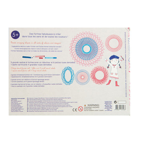 Moulin Roty Today is Wednesday magic spiral set back of packaging showing spiral design examples for ages 5 plus.