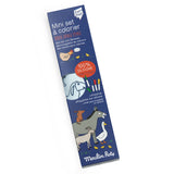 Blue rectangular box of a coloring mini play mat by Moulin Roty. Features animal illustrations, four colored pens, and "100% silicone" text.