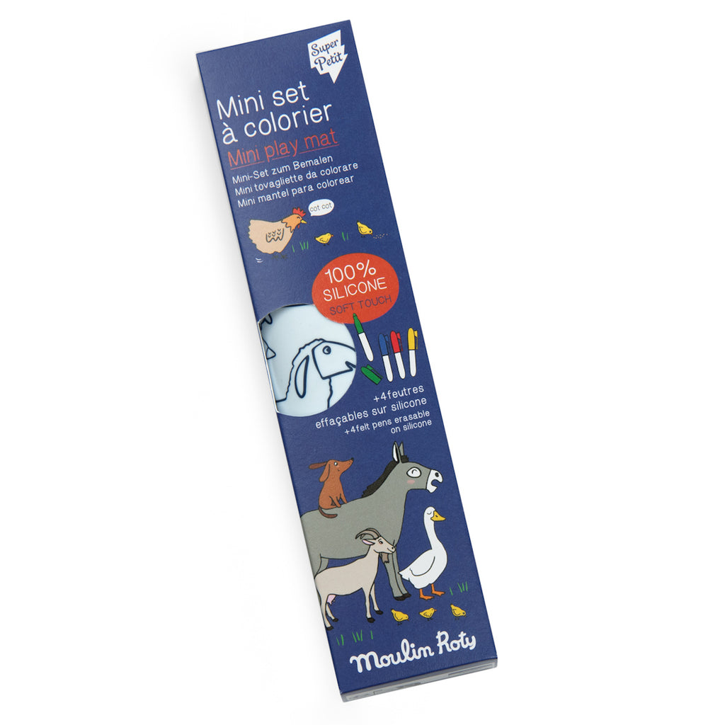 Blue rectangular box of a coloring mini play mat by Moulin Roty. Features animal illustrations, four colored pens, and "100% silicone" text.